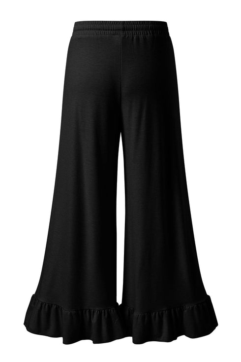 Pull On Elastic High Waist Drawstring Pocket Ruffle Hem Wide Leg Pants